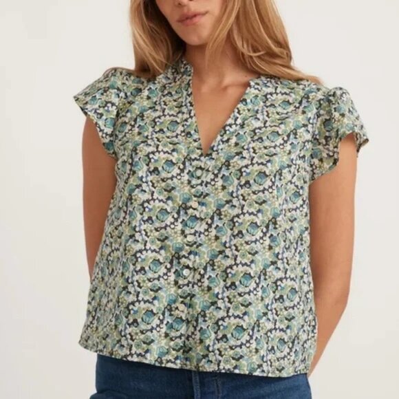 Marine Layer Esme Flutter Sleeve Top in Boho Floral Blue/Green Retro 60s/70s M - Picture 1 of 13